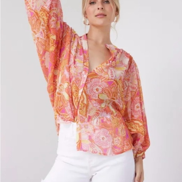 Vici Tops - Vici Orange Graphic Sailor Collar Boho Blouse Size Small